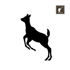 Black silhouette of little deer on white background. Forest animals. Detailed isolated image. Vector illustration
