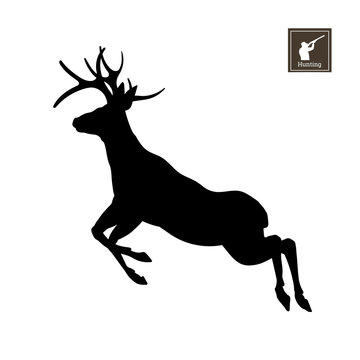 Black silhouette of jumping deer on white background. Forest animals. Detailed isolated image. Vector illustration