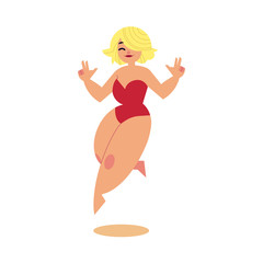 Cartoon plump woman running showing victory sign in red swimsuit. Overweight female character at summer beach vacation. Chubby fat obese blonde hair girl having fun. Vector isolated illustration