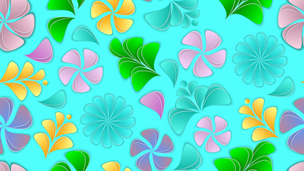 Fototapeta premium Vector seamless pattern with paper flowers and petals. Flower 3d background, aspect ratio 16: 9. Paper cut out style.