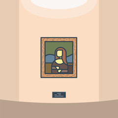 Portrait of renaissance women Mona Lisa. Leonardo Da Vinci paintings. Louvre gallery. Wooden frame and old famous classic masterpiece picture. Museum vector line style vector.