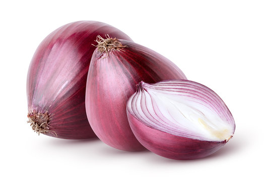 Isolated onions. Two whole red onion and half isolated on white background with clipping path