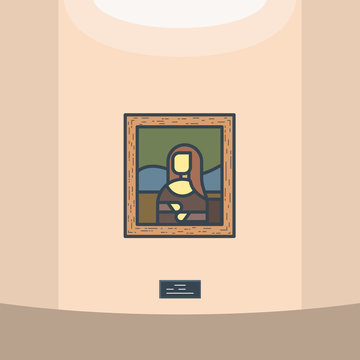 Portrait Of Renaissance Women Mona Lisa. Leonardo Da Vinci Paintings. Louvre Gallery. Wooden Frame And Old Famous Classic Masterpiece Picture. Museum Vector Line Style Vector.