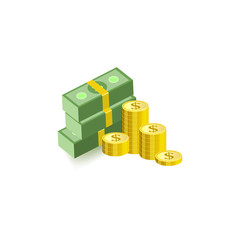 Stack of green dollar paper banknotes in packs of hundred notes and gold coins isolated on white background. Isometric money element for finance and banking theme banner or card. Vector illustration.