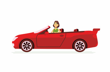 Young woman driving a car - cartoon people character isolated illustration