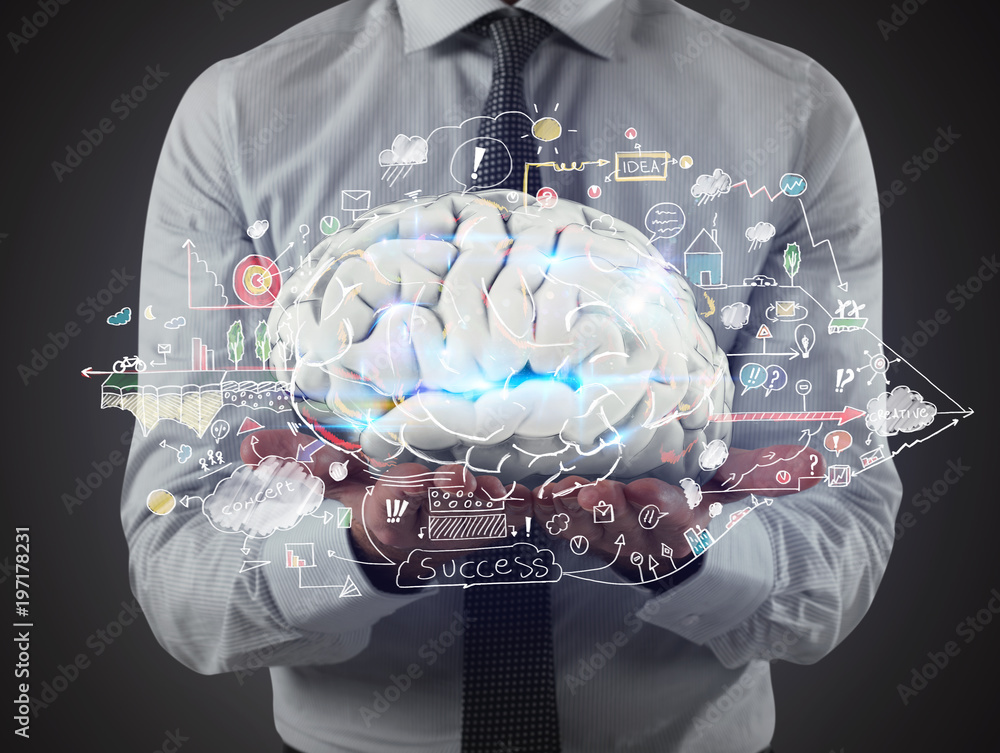 Poster man holds a brain with business drawing sketches on his hands. 3d rendering