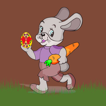 Easter illustration. Gray hare with a carrot in the hands holding an easter egg, cartoon on a brown background,