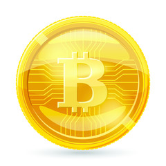 Golden bitcoin coin. Crypto currency golden coin bitcoin symbol isolated on transparent background. Realistic vector illustration.