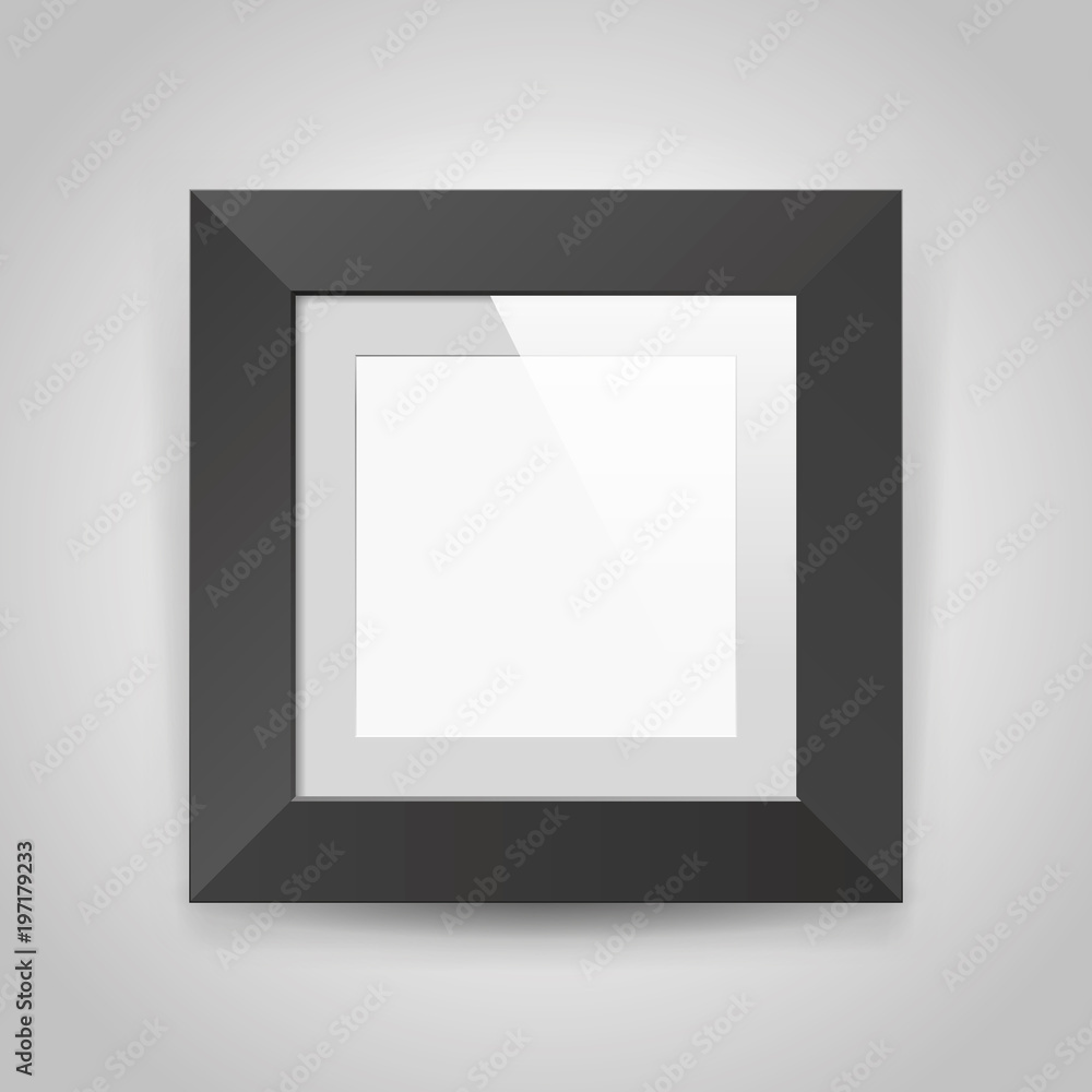 Poster realistic empty squre black frame with passepartout on gray background, border for your creative pro