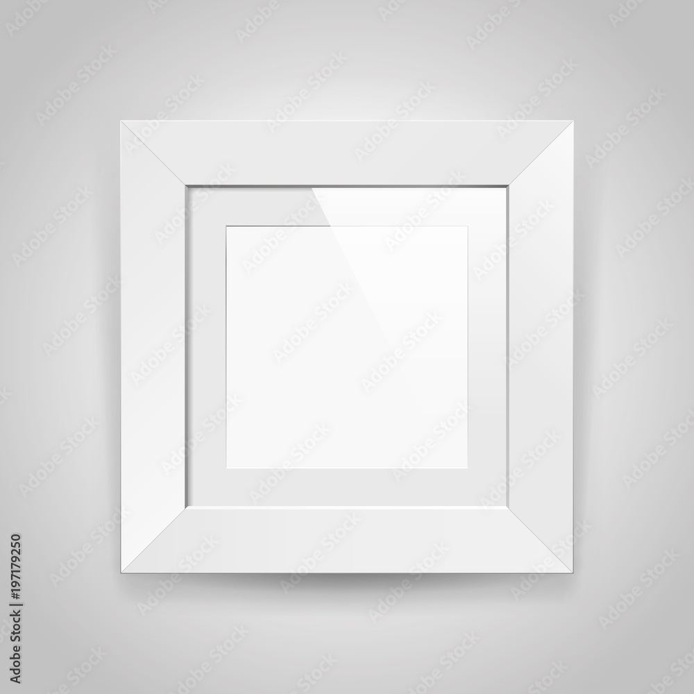 Poster realistic empty squre white frame with passepartout on gray background, border for your creative pro