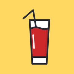 Tomato juice in glass. Red drink icon. Cocktail with straw. Vector icon in flat style