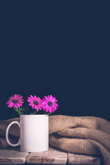 Cup white vintage with flower with space for text