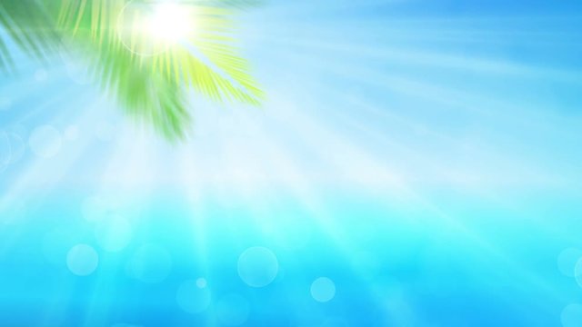 Blue sea and sky with bright sun. Summer bokeh background with abstract seascape. Light seamless abstract tropical shine background with palm leaves.