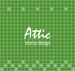 Attic interior design. Text on tile wall. Green square tiles with decor.
