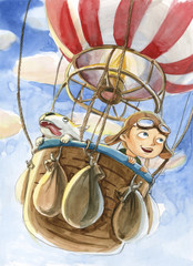 Watercolor hot air balloon illustration. Hand drawn vintage air balloon with boy and dog flying in the sky. Retro image for kids cartoon magazine.