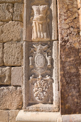 medieval relief, with knight shield, in wall of building of Penaranda de Duero village, Burgos, Castile and Leon, Spain, Europe
