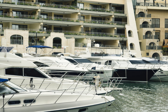 Yachts berthed at Spinola bay, St. Julian's, Slima, Malta