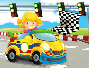 cartoon funny and happy looking child - girl in racing car on race track - illustration for children