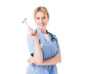Female nurse in uniform with reflex hammer isolated on white