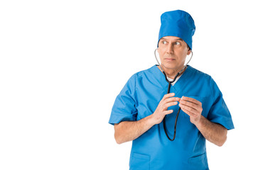 Surprised doctor in uniform with stethoscope isolated on white