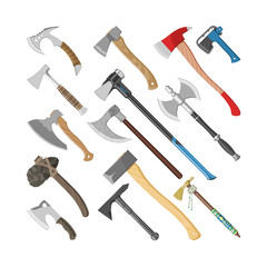 Ax vector metal axe equipment with wooden handle illustration set of hatchet with sharp blade for construction and ancient tool isolated on white background