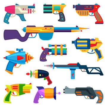 Cartoon gun vector toy blaster for kids game with handgun and raygun of aliens in space illustration set of child pistols and laser weapon isolated on white background