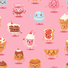 Cartoon cake character vector chocolate sweets confectionery cupcake emotion and sweet confection dessert with caked candies illustration confected donut in bakery seamless pattern background