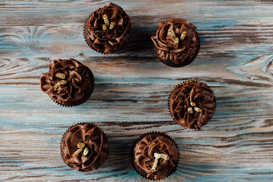 Six cupcakes decorated with whipped cream on a brown-blue wooden background