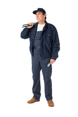 Obraz premium Professional plumber in overalls holding wrenches isolated on white