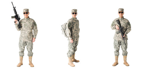 Collage with army soldier in uniform isolated on white