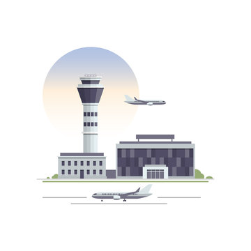 Airport building and airplanes. Orthogonal vector illustration. 