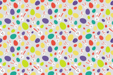 Concept of Easter wallpaper with bunnies and eggs - seamless background. Vector.