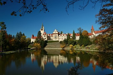 Fototapeta premium Beautiful famous Pruhonice castle in Czech Republic, Europe standing on hill, view over pond with reflection in water, spring landscape, trees, plants, clear dark blue sky, people walking