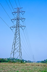 High-voltage poles are lined up in the middle of the field.
