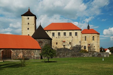 Fototapeta na wymiar Famous water castle Svihov in the Czech Republic, Europe, tower, palace, church, red roofs, beautiful scenery with blue sky, white clouds, green grass, tree