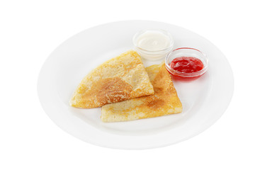 Two pancakes triangle with berry jam and sour cream, isolated white background on a plate. Dessert for a menu in a cafe, restaurant, coffee shop side view