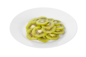 Peeled slices of kiwi on a plate isolated white background. Dessert for a menu in a cafe, restaurant, coffee shop side view