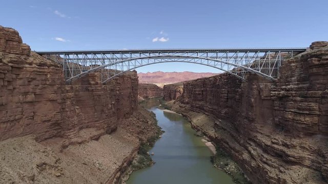 Aerial view of Navajo Bridge and Colorado River