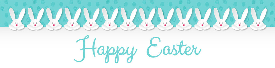 Design of Easter decoration with paper cut bunnies and wishes. Vector.