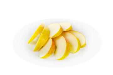 Slices of an apple on a plate isolated white background. Dessert for a menu in a cafe, restaurant, coffee shop side view