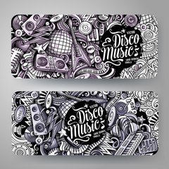 Cartoon graphics vector hand drawn doodles Disco Music horizontal banners