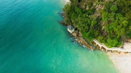 Top view aerial image from drone of an stunning beautiful sea landscape beach with turquoise water .