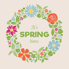 Welcome Spring - poster with hand drawn flowers. Vector.