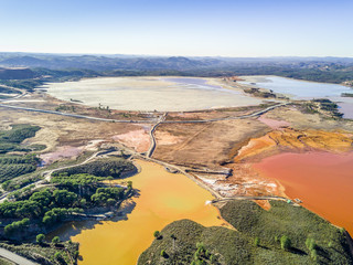 Aerial landscape of unusual, colorful lakes in Minas de Riotinto, Spain