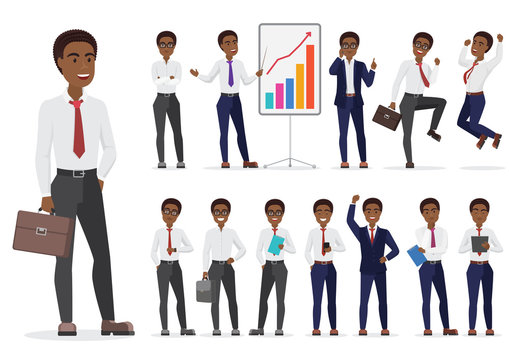 African American Businessman character different poses design. Vector cartoon man illustration.