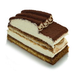 single slice of Tiramisu cake, typical italian dessert with mascarpone cheese, coffee, savoyards biscuits, sugar and cacao powder

