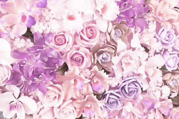 Beautiful ultra violet and purple color of flowers background.Variety of beautiful roses and orchids.