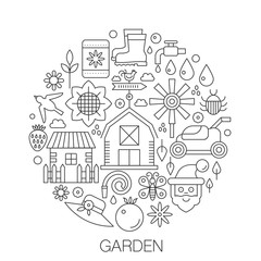 Fototapeta na wymiar Garden in circle - concept line illustration for cover, emblem, badge. Garden tools thin line stroke icons set.
