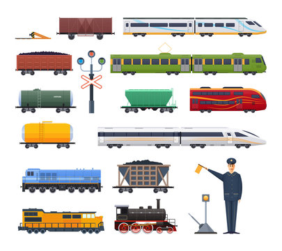 Railway locomotive with various wagons passenger, and cargo.
