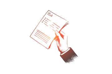 Bill concept. Hand drawn check in hand of man. Person holds paper bill isolated vector illustration.